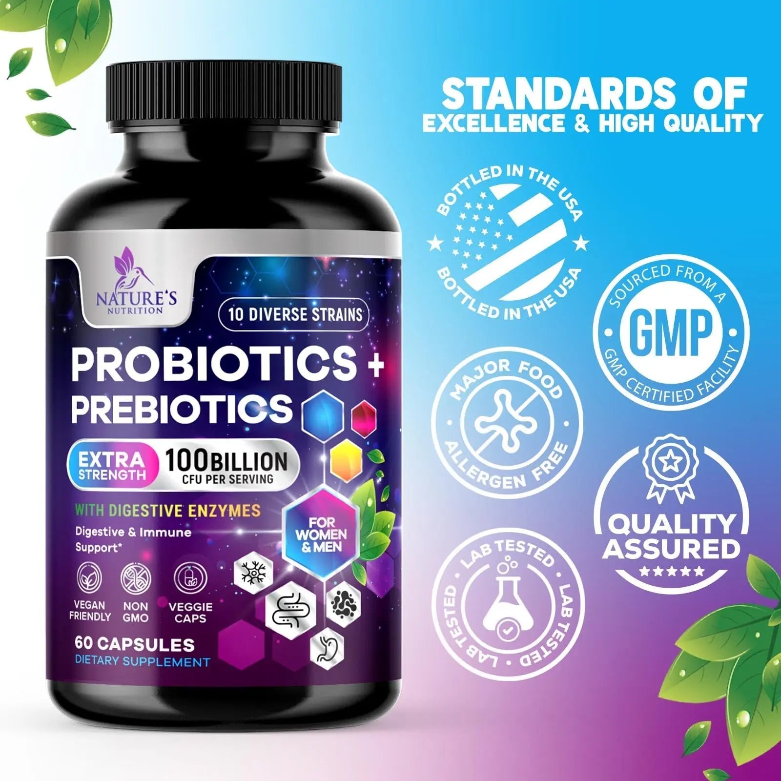 Probiotics 100 Billion CFU Per Serving - 10 Probiotic Strains & Prebiotics - Digestive Gut Health, Immune Support & Occasional Constipation, Gas & Bloating - Daily Supplement For Adults - 60 Capsules Nature's Nutrition buy australia supplements