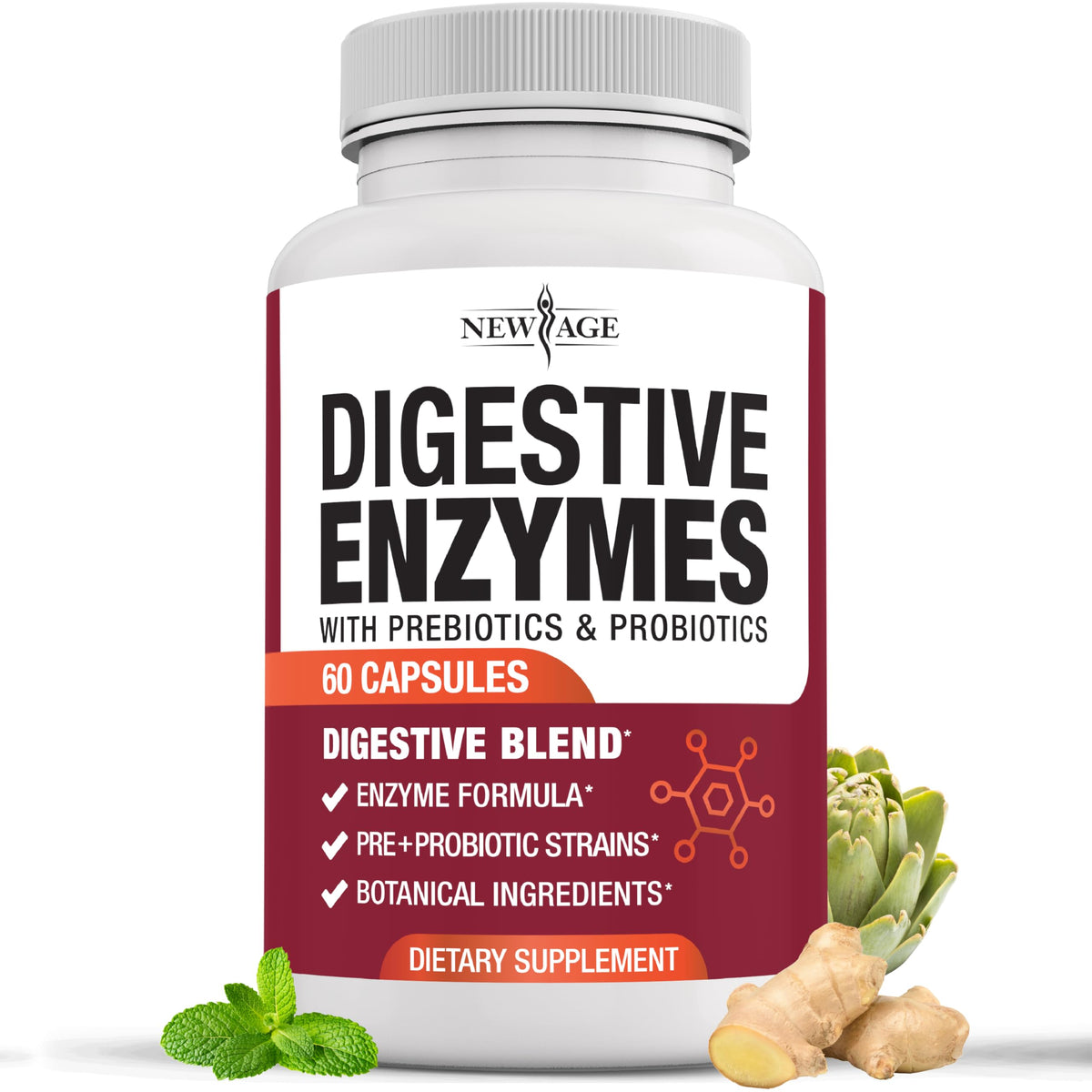 NEW AGE Digestive Enzymes for Gut Health - Probiotic Multi Enzymes with Prebiotics and Probiotics with Lipase for Women and Men for Digestive Health, NEW AGE