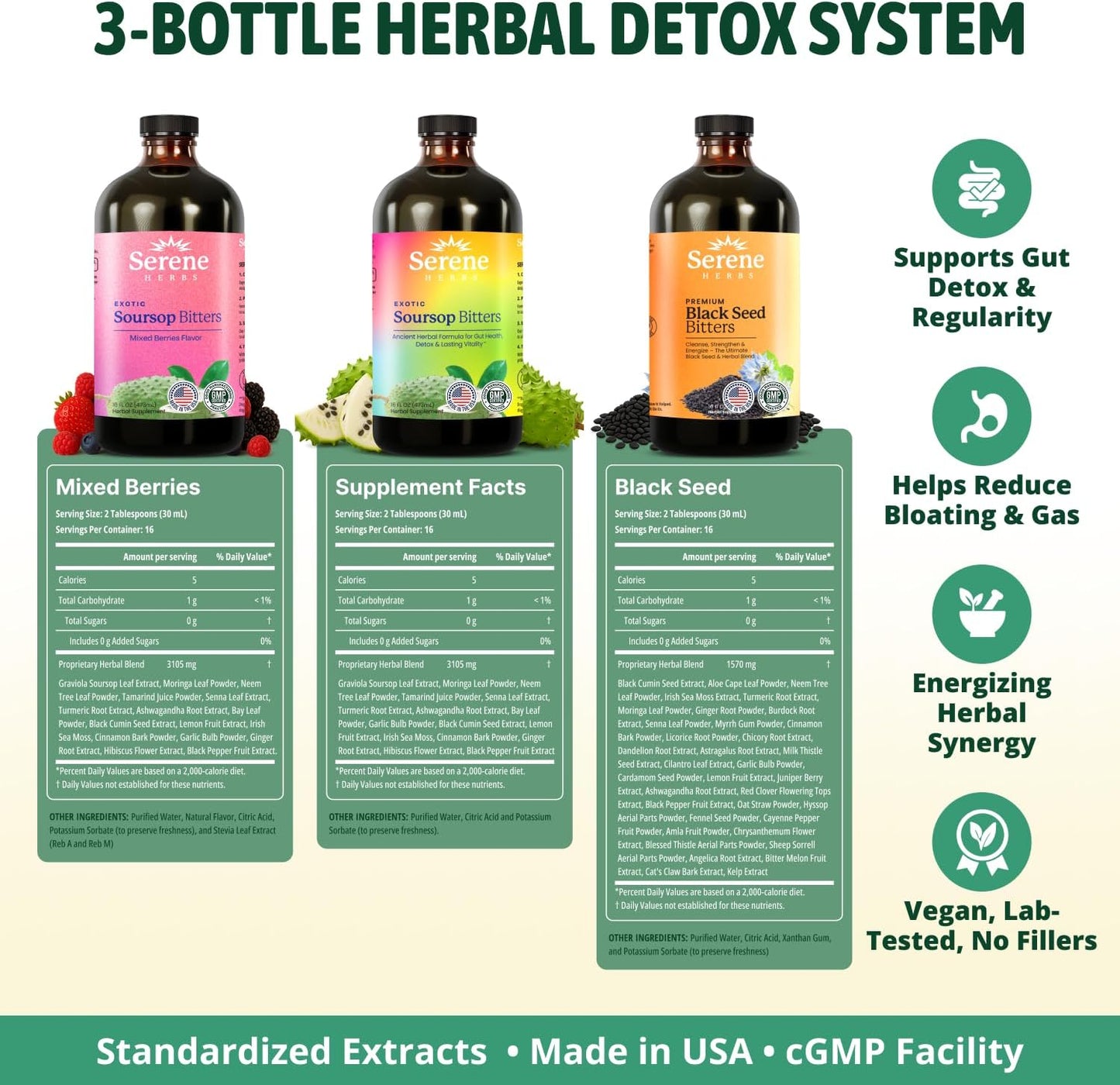 Serene Herbs Soursop Bitters Liquid & Black Seed Bundle – Organic Herbal Guanabana for Digestive Support & Immune Health – Vegan, Non-GMO – 32 oz (16 oz Each), (3 Pack)