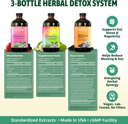 Serene Herbs Soursop Bitters Liquid & Black Seed Bundle – Organic Herbal Guanabana for Digestive Support & Immune Health – Vegan, Non-GMO – 32 oz (16 oz Each), (3 Pack)