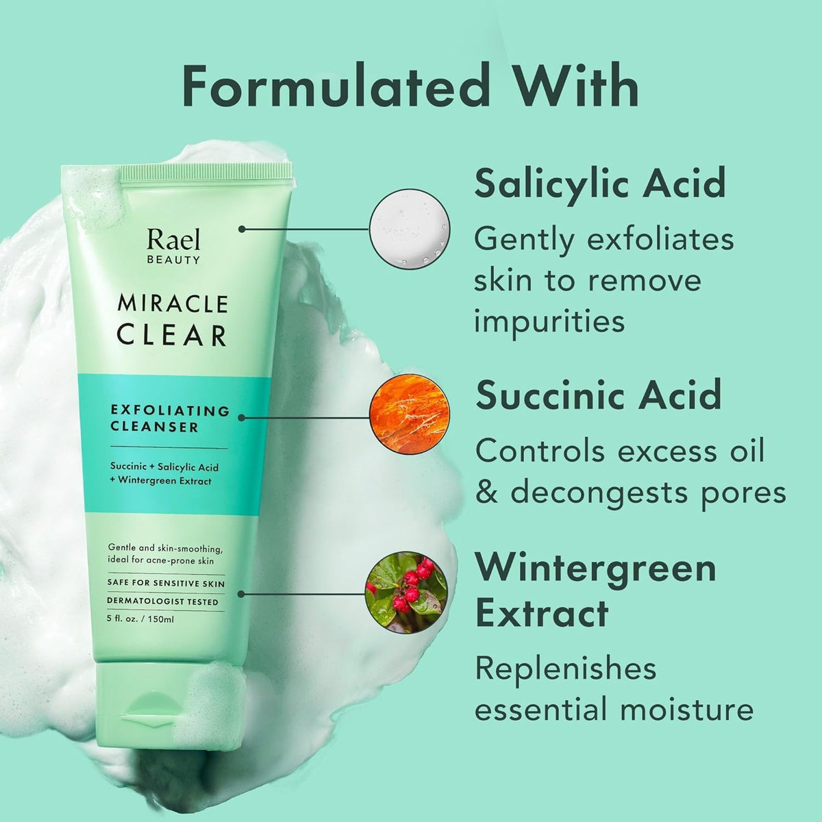 Rael Miracle Clear Facial Cleanser Face Wash (Exfoliating Cleanser, 5.1 oz) Rael