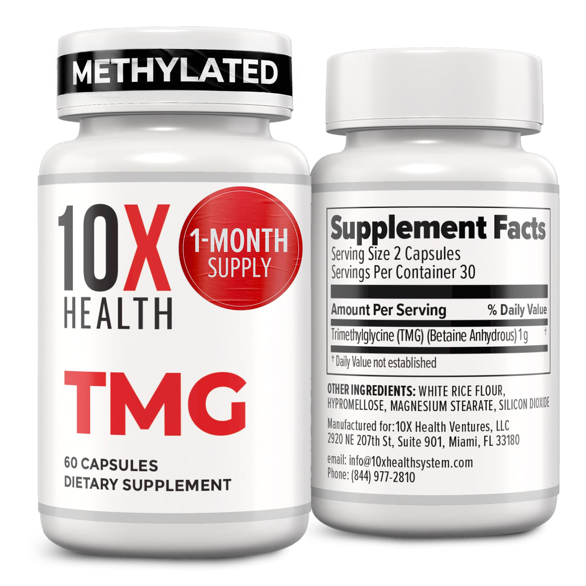 10X Health TMG Supplements - Trimethylglycine Supplement for Liver Support, Heart Wellness, Energy, Homocysteine Levels - TMG Capsules with Betaine Anhydrous 10X Health System