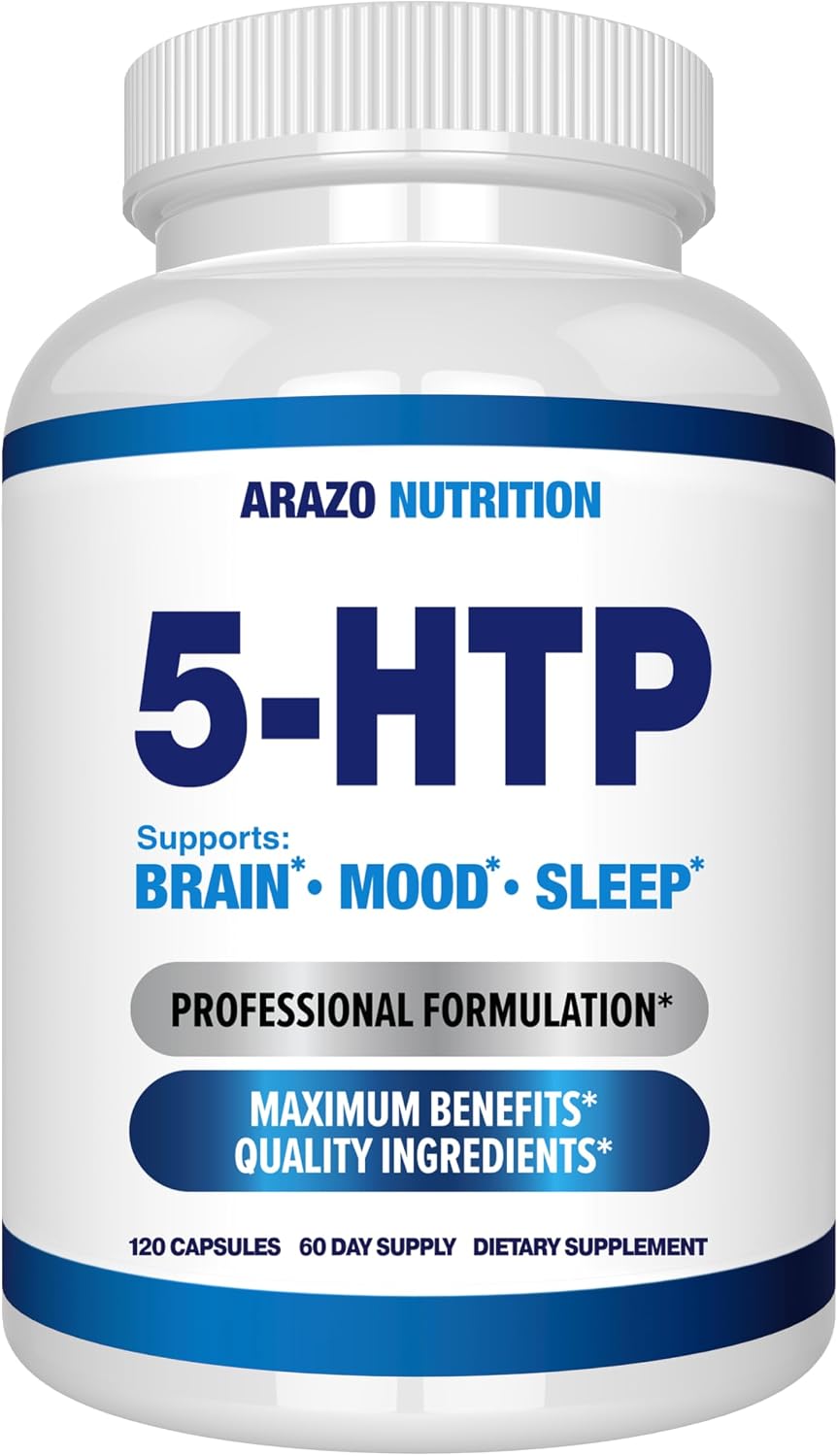 5-HTP 200 MG Per Serving Plus Calcium for Mood, Sleep – Supports Calm and Relaxed Mood – 99% High Purity – 120 Capsules – Arazo Nutrition Gsupps Australia