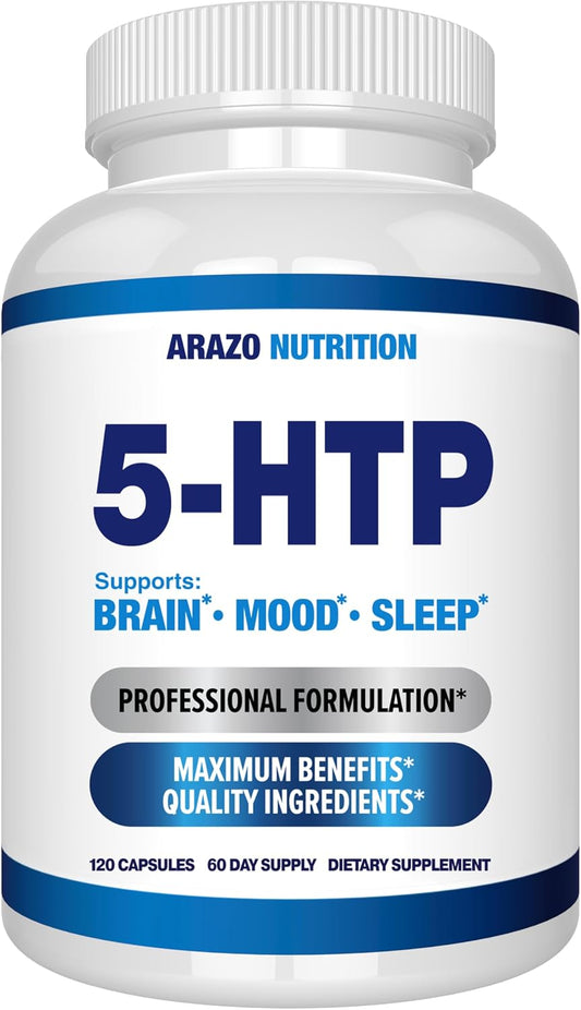 5-HTP 200 MG Per Serving Plus Calcium for Mood, Sleep – Supports Calm and Relaxed Mood – 99% High Purity – 120 Capsules – Arazo Nutrition Gsupps Australia
