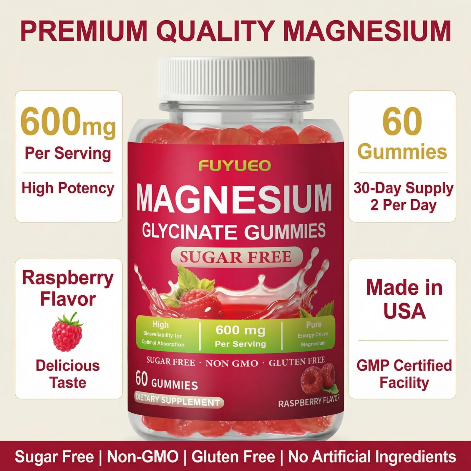 FUYUEO Magnesium Glycinate Gummies for Sleep & Relaxation, Sugar Free High Absorption Magnesium Supplement for Men & Women, Gentle on Stomach, Chewable, Raspberry, 60 Count (Pack of 1) FUYUEO buy australia supplements