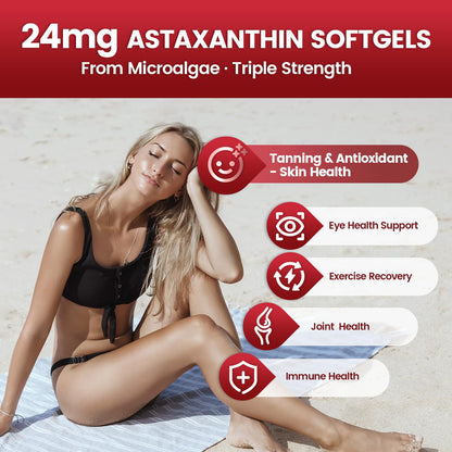 10 in 1 Astaxanthin Supplements 24mg, 4 Month Supply, Astaxantina Antioxidant from Fresh Haematococcus Pluvialis, Contains Lycopene, Grape Seed, Vitamin E VivoNu