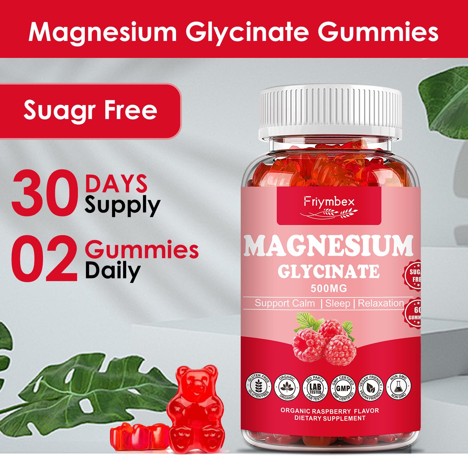 Magnesium Glycinate Gummies 500mg | Relaxation Calm Magnesium Gummies | Sugar-Free | Non-GMO | Gluten-Free | Vegan-Friendly for Adults & Kids (60 Raspberry Gummies) Friymbex buy australia supplements