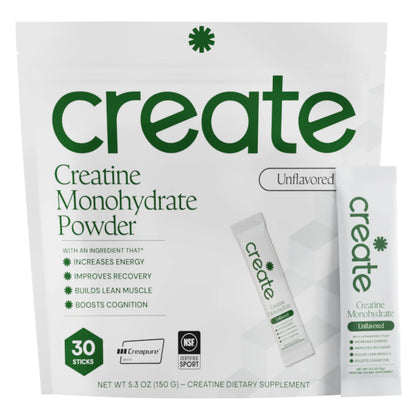 Create Creatine Monohydrate Powder - Creatine Travel Packets, Made with Creapure, 3rd Party Tested & NSF Certified for Sport, 30 Stick Packs, Unflavored Create