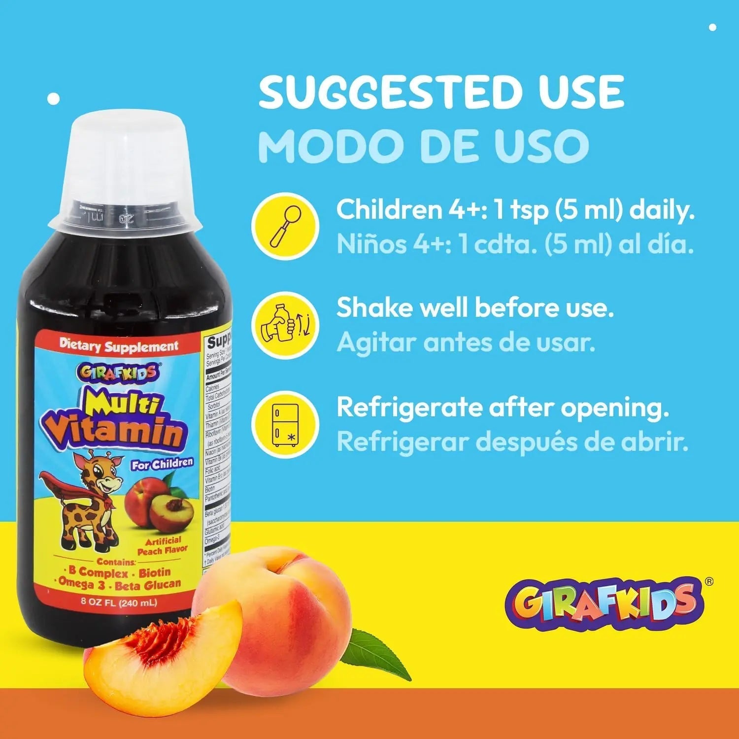 GirafKids Liquid Multivitamin for Kids Ages 4+, 8oz - Daily Child Vitamins with Biotin, Vitamin A, B Complex, Folic Acid, Omega-3 & Beta Glucan PHARMADEL buy australia supplements