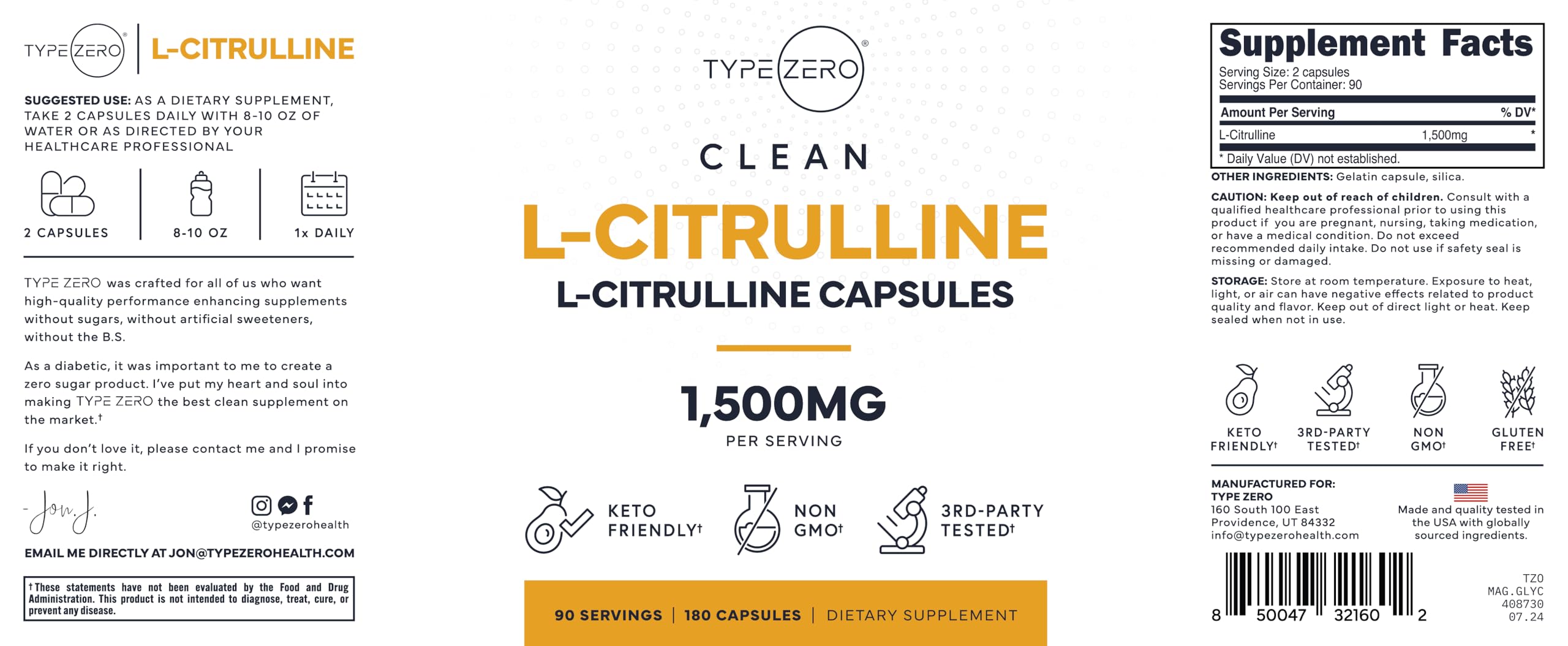 Type Zero L-Citrulline Capsules (180 Capsules) (1500 mg per Serving) - GMO-Free Type Zero buy australia supplements