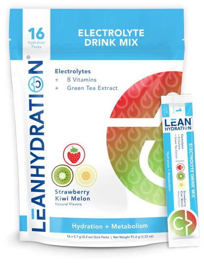 LEAN Hydration Daily Electrolyte Packets Drink Mix | Zero Calories, Zero Sugar Plus Vitamins, Minerals & More | 16 ct (Strawberry Kiwi Melon) LEAN Hydration