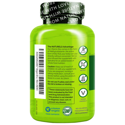 NATURELO Vegan B12 - Methyl B12 with Organic Spirulina - High Potency Vitamin B12 1000 mcg Methylcobalamin - Supports Healthy Mood NATURELO