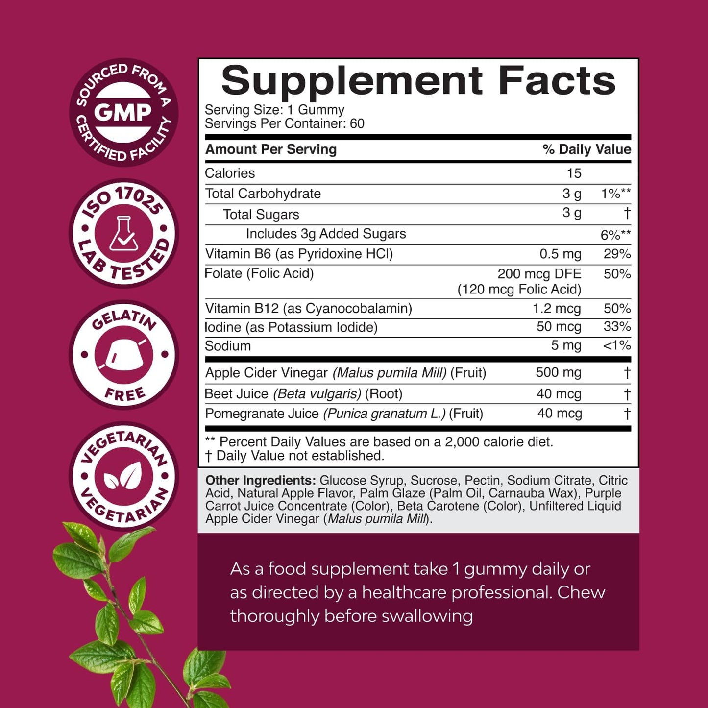 Apple Cider Vinegar Gummies with Mother - Cleanse & Detox ACV Gummies for Weight Loss, Gut Health, Bloating, Metabolism & Energy Support - ACV with Mother with B12 Vitamin, B6 & Pomegranate - 60 Ct Gsupps Australia
