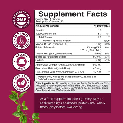 Apple Cider Vinegar Gummies with Mother - Cleanse & Detox ACV Gummies for Weight Loss, Gut Health, Bloating, Metabolism & Energy Support - ACV with Mother with B12 Vitamin, B6 & Pomegranate - 60 Ct Gsupps Australia