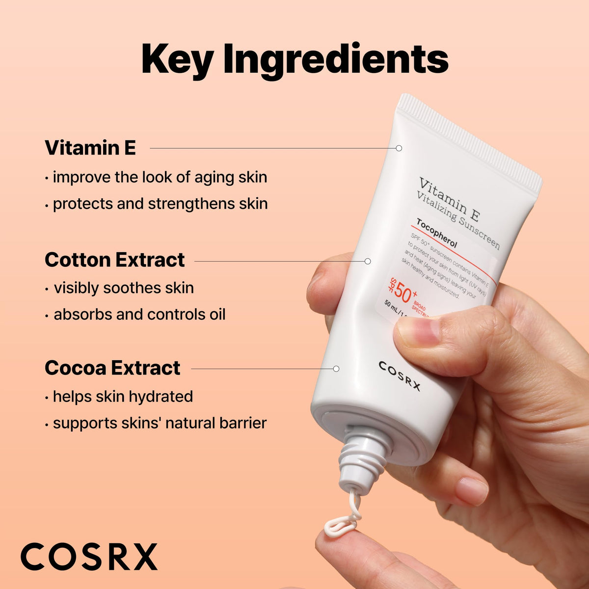 COSRX Vitamin E Sunscreen SPF 50, Natural Glow, for Oily Skin, 1.69 fl oz COSRX