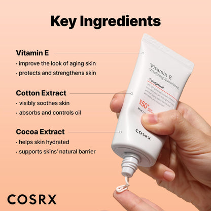 COSRX Vitamin E Sunscreen SPF 50, Natural Glow, for Oily Skin, 1.69 fl oz COSRX