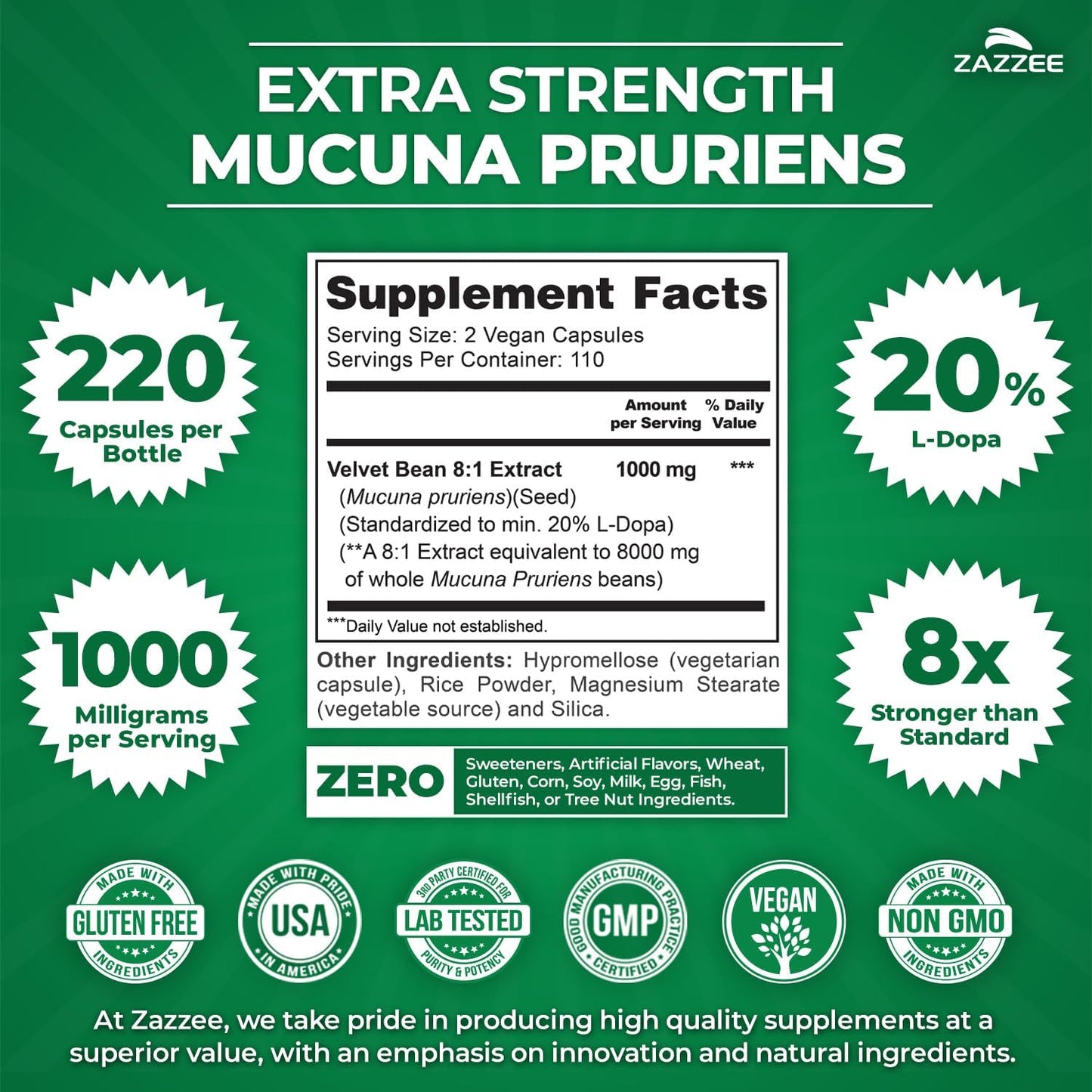 Zazzee Extra Strength Mucuna Pruriens 8:1 Extract, 20% L-Dopa, 220 Capsules | 1000 mg Per Serving, Vegan, 110 Day Supply, Concentrated and Standardized 8X Extract, 100% Vegetarian, All-Natural, Non-GMO Gsupps Australia