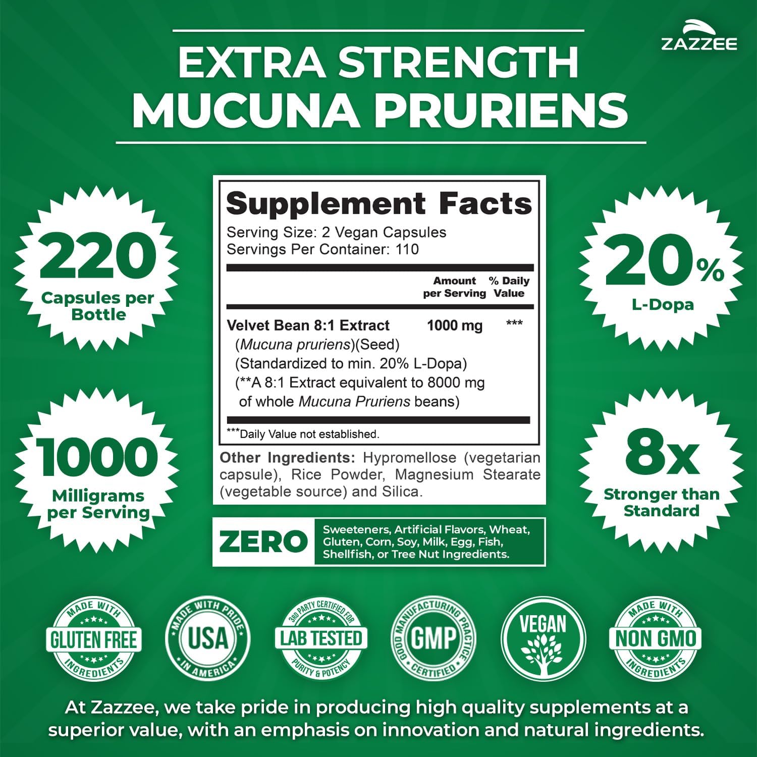 Zazzee Extra Strength Mucuna Pruriens 8:1 Extract, 20% L-Dopa, 220 Capsules | 1000 mg Per Serving, Vegan, 110 Day Supply, Concentrated and Standardized 8X Extract, 100% Vegetarian, All-Natural, Non-GMO Gsupps Australia