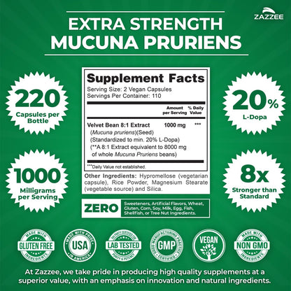 Zazzee Extra Strength Mucuna Pruriens 8:1 Extract, 20% L-Dopa, 220 Capsules | 1000 mg Per Serving, Vegan, 110 Day Supply, Concentrated and Standardized 8X Extract, 100% Vegetarian, All-Natural, Non-GMO Gsupps Australia