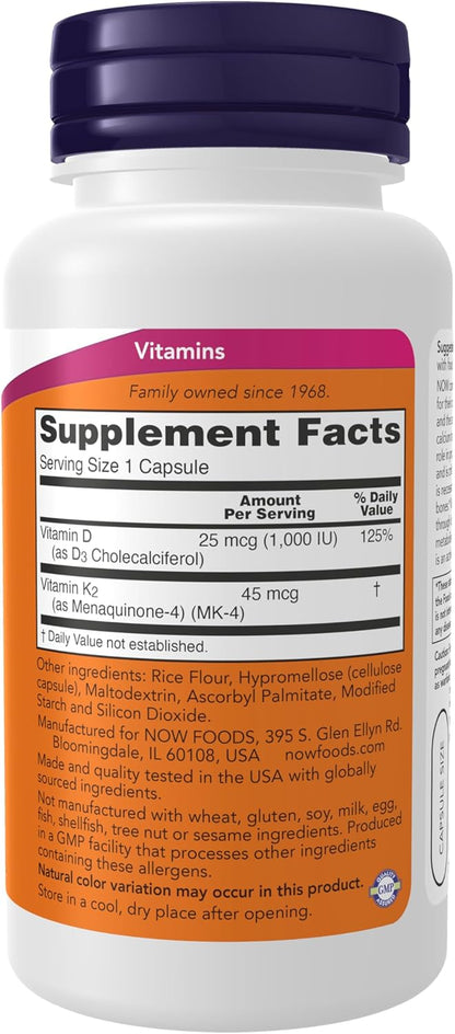 NOW Supplements, Vitamin D-3 & K-2, 1,000 IU/45 mcg,Plus Cardiovascular Support*, Supports Bone Health*, 120 veg Capsules Gsupps Australia