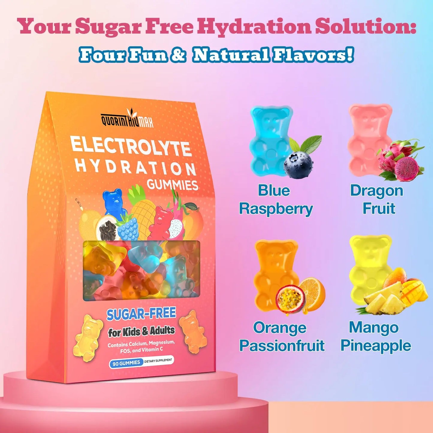 Electrolyte Gummies Sugar Free | Electrolyte Hydration Energy Gummies for Running & Sports - Energy Chews with Calcium & Vitamin C for Kids & Adults, Quorinthiumax