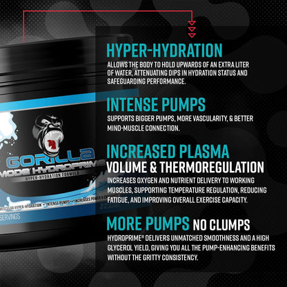 Gorilla Mind Hydroprime® Glycerol Pre-Workout - Hydrating Pre-Workout Formula for Intense Pumps · Intramuscular Hyper-Hydration · Increased Power & Endurance/Mixes Flawlessly - 400g