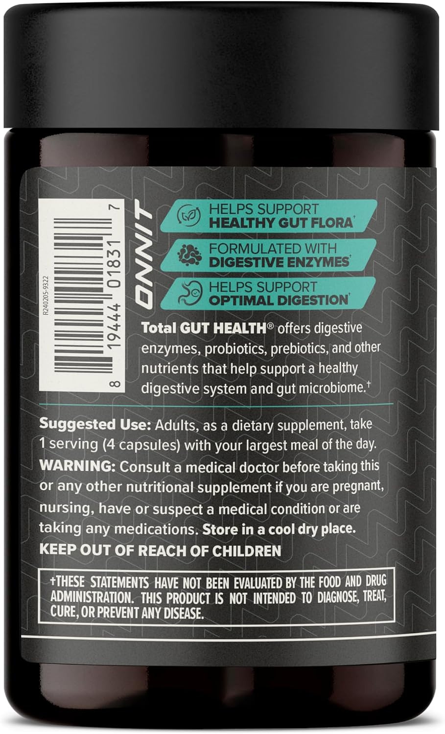 ONNIT Total Gut Health Daily Digestive Support, IGEN Non-GMO Tested Digestion Supplement for Women and Men with 7 Strains of Probiotics, Prebiotics, Enzymes and Betaine HCL, 120 Count