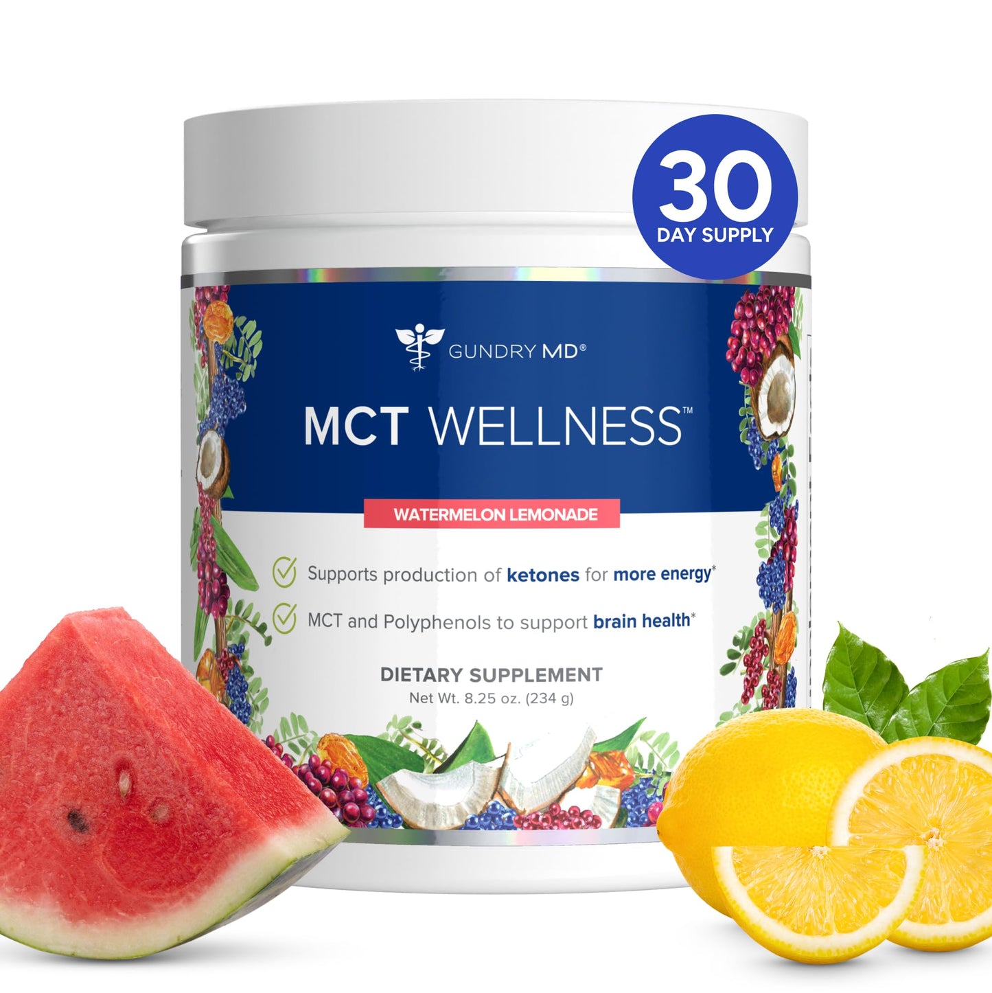 Gundry MD MCT Wellness Powder to Support Energy, Ketone Production and Brain Health, Keto Friendly, Sugar Free (30 Day Supply, Watermelon Lemonade) Gundry MD