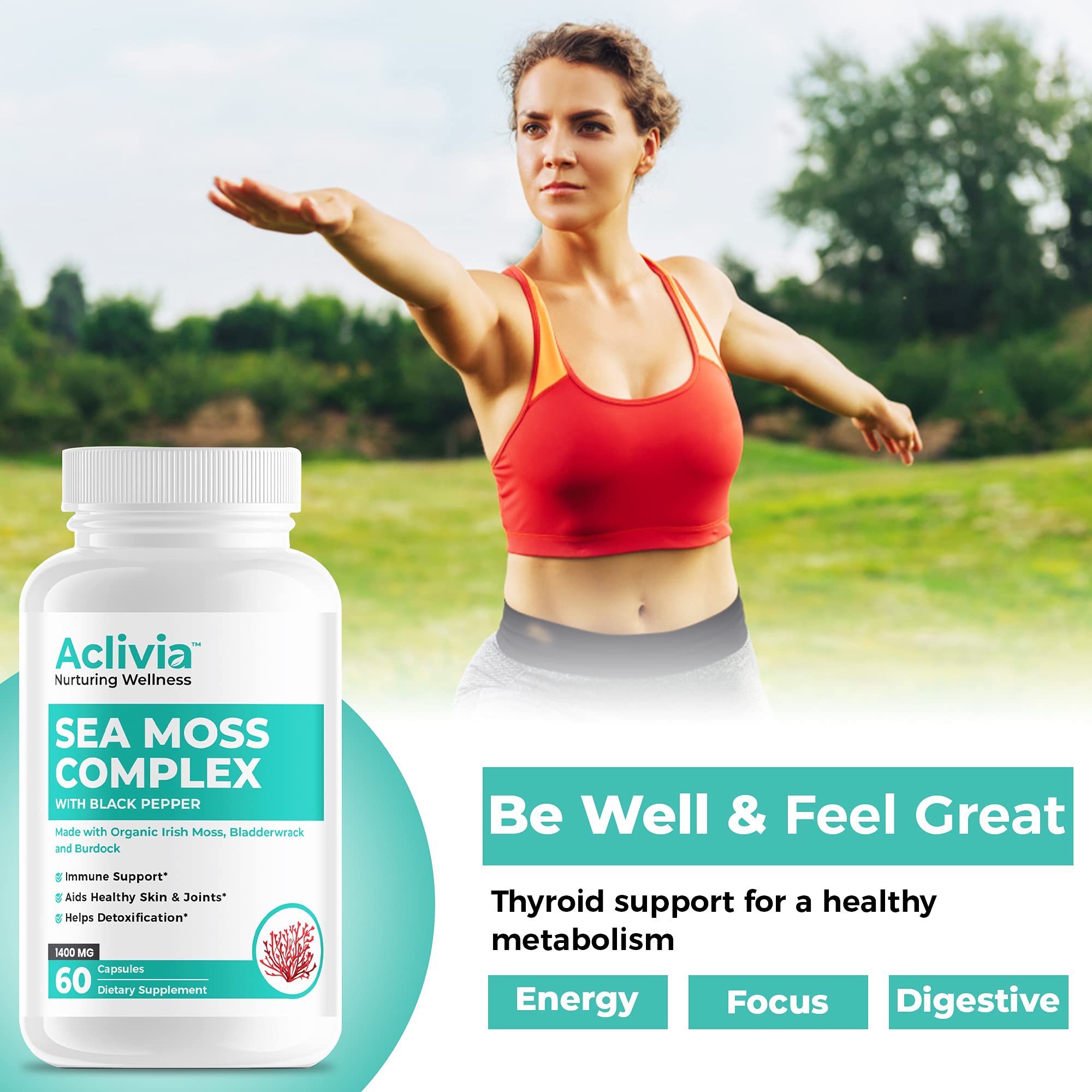 Aclivia - Organic Irish Sea Moss Capsules with Bladderwrack & Burdock Root - 102 Minerals Sea Moss Supplement - Thyroid Support, Immune Boost - Non-GMO (60 Count) Aclivia buy australia supplements