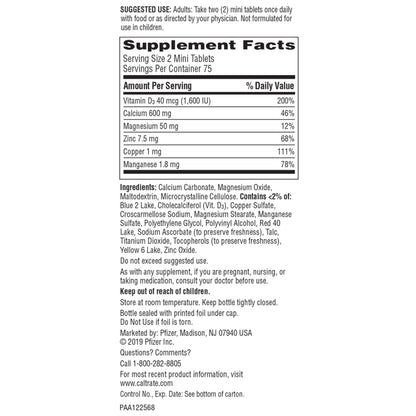 Caltrate Minis 600 Plus D3 Plus Minerals Calcium and Vitamin D Supplement Tablets, Bone Health and Mineral Supplement for Adults - 150 Count Caltrate