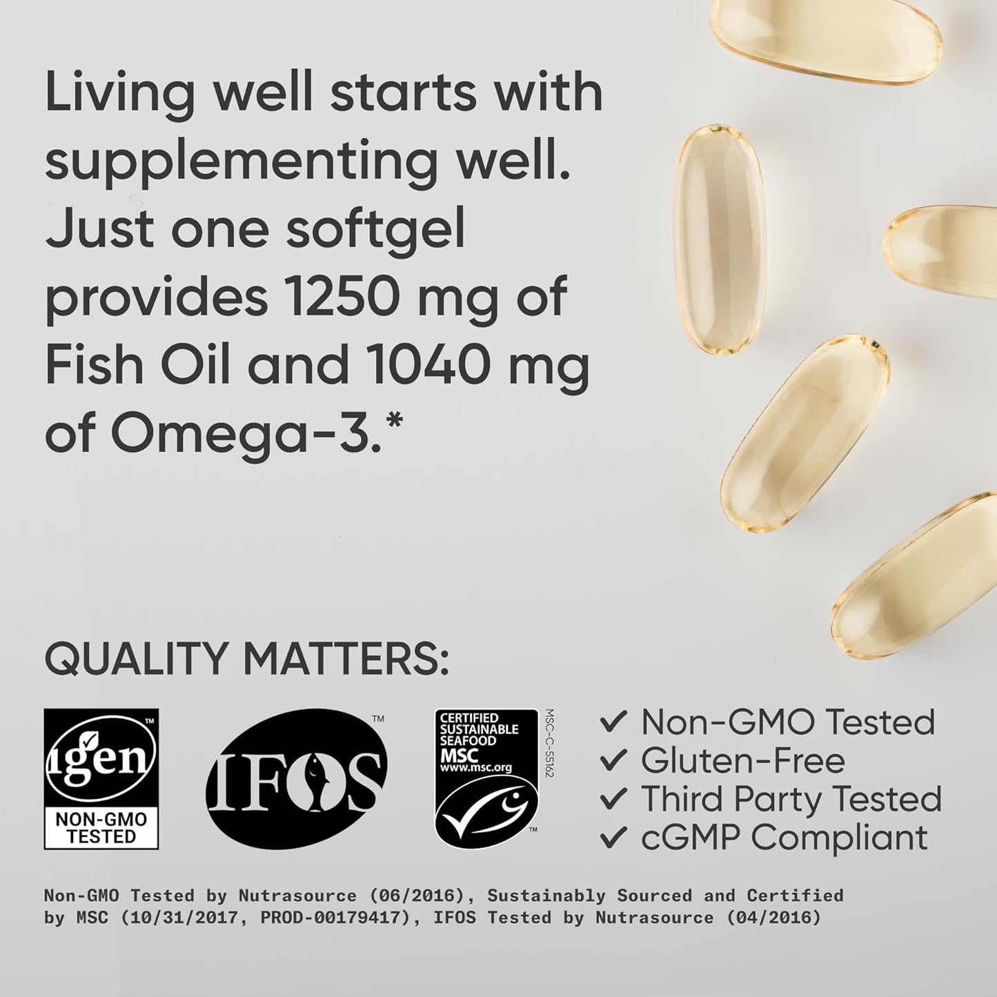 Sports Research® Omega-3 Fish Oil 1250mg from Wild Alaska Pollock, 90 Count | Always Fresh Never Fishy | 690mg EPA 260mg DHA per Softgel · Heart & Brain Health* · MSC Certified Sustainable - 90 Servings Gsupps Australia