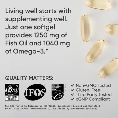 Sports Research® Omega-3 Fish Oil 1250mg from Wild Alaska Pollock, 90 Count | Always Fresh Never Fishy | 690mg EPA 260mg DHA per Softgel · Heart & Brain Health* · MSC Certified Sustainable - 90 Servings Gsupps Australia