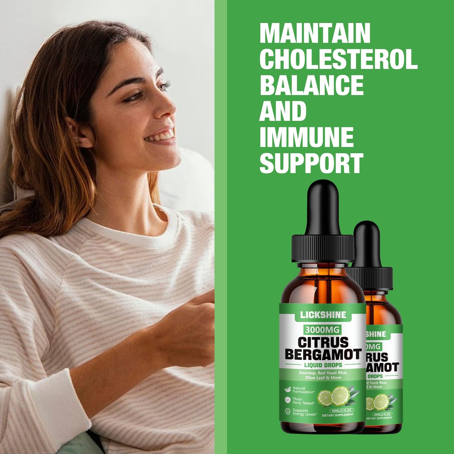 lickshine 2 Pack 3000mg Citrus Bergamot Liquid Drops - High Absorption - Cholesterol Lowering Supplement for Immune Support Anti-Aging, lickshine