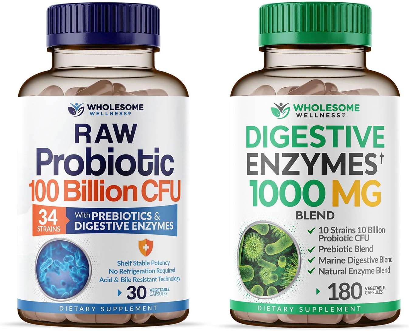 Wholesome Wellness Organic Probiotics 100 Billion CFU + Digestive Enzymes 1000mg with Prebiotics Bundle Gsupps Australia