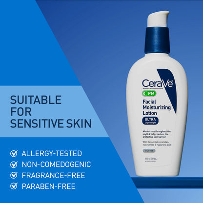 CeraVe PM Facial Moisturizing Lotion, Skin Care for Dry Skin, Oil-Free, 3oz CeraVe