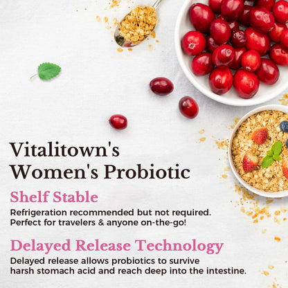 Vitalitown Probiotics for Women 120 Billion CFUs, 30 Strains, with Prebiotics & Digestive Enzymes & Cranberry, Gut & Vaginal Health, Vegan 30 Vitalitown