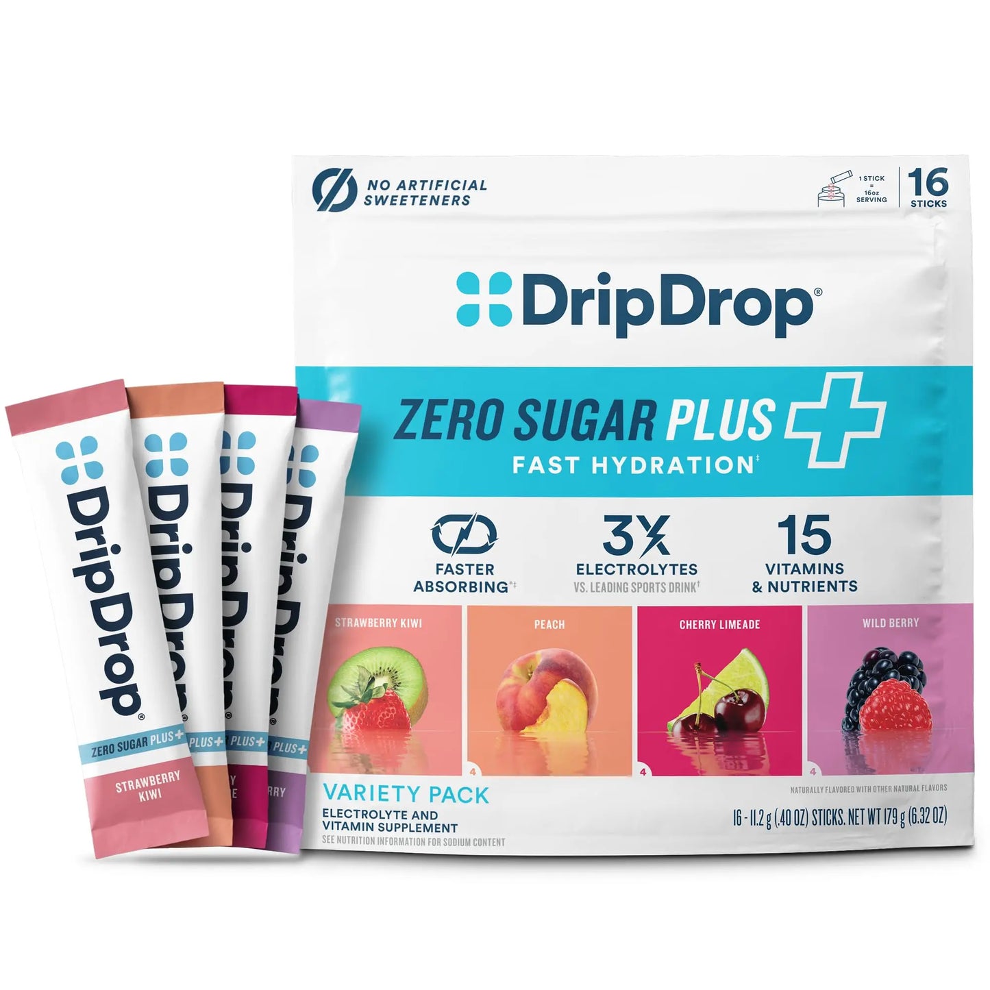 DripDrop Zero Sugar Plus - Sugar Free Hydration Packets - Single Serve Electrolytes Powder Drink Mix - Strawberry Kiwi, Peach, Cherry Limeade, Wild Berry DripDrop