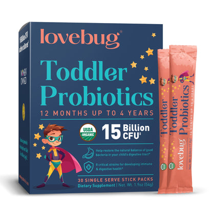 LOVEBUG Kids Probiotic Powder with Prebiotic Fiber - Toddler Immunity Support & Constipation Relief - USDA Organic Probiotics for Childrens Gut & Digestive Health LOVEBUG