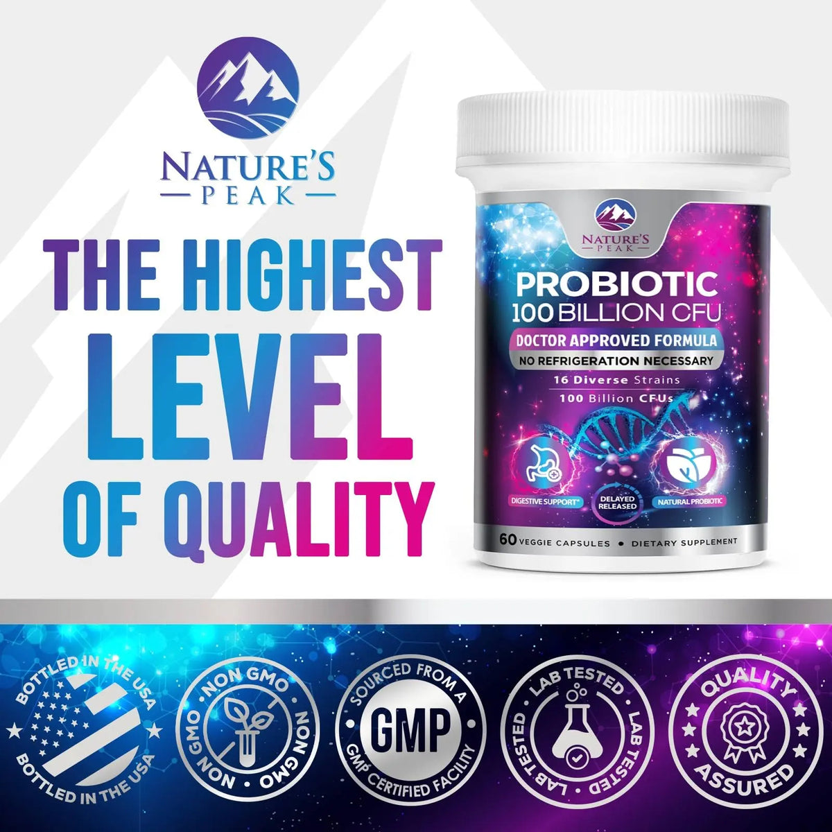 Probiotics for Digestive Gut Health - 100 Billion CFU Per Capsule, 16 Premium Strains & Prebiotics - Best Probiotics for Women & Men, Occasional Constipation Nature's Peak