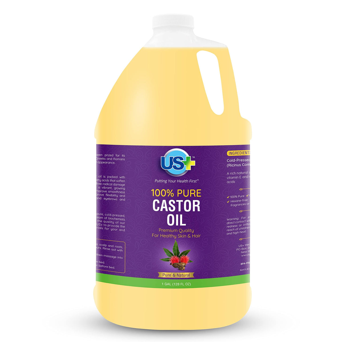 US+ Castor Oil Cold Pressed, 100% Pure, USP Grade - 1 Gallon US+