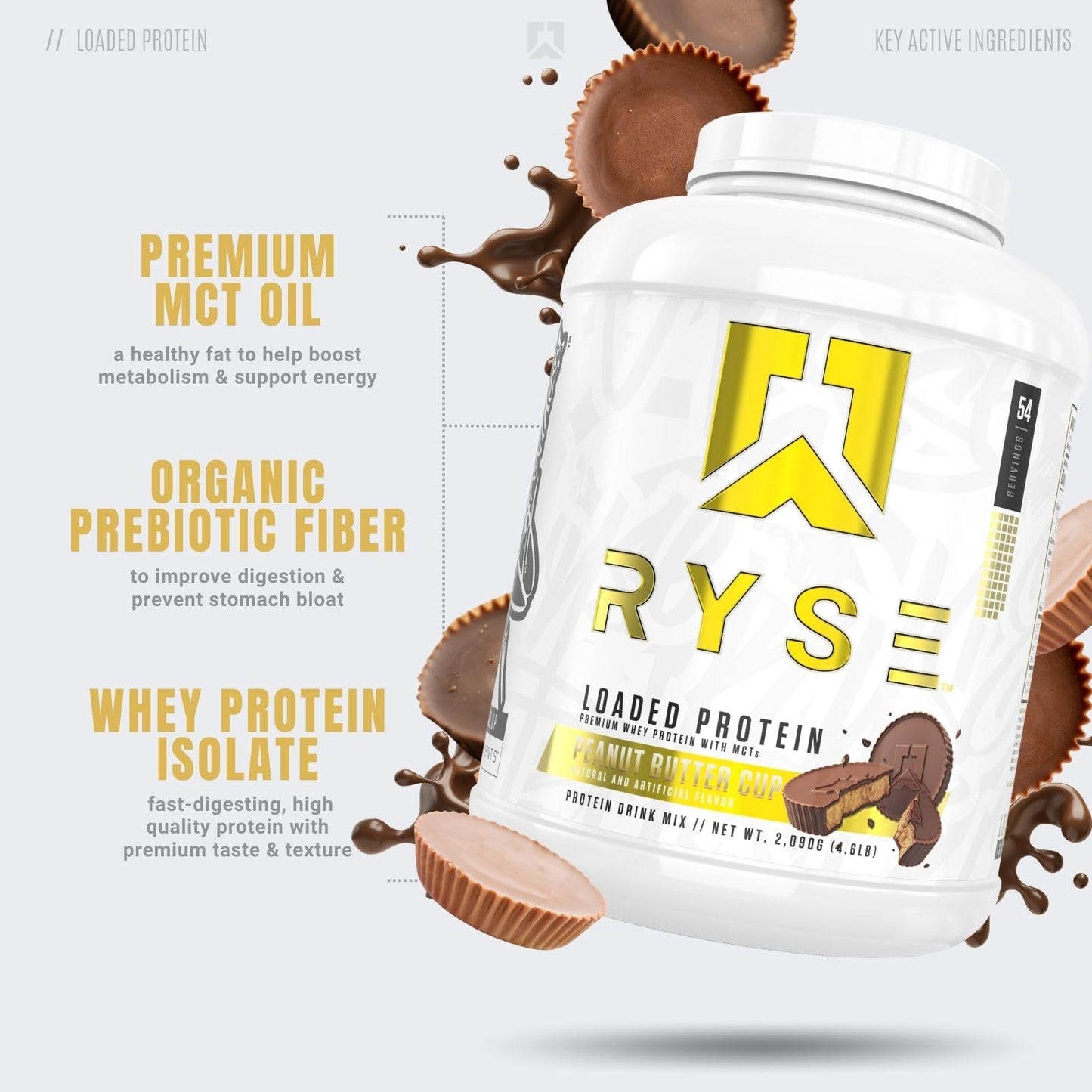 RYSE Loaded Protein Powder - Jet-Puffed Marshmallow - 25g Whey Protein Isolate & Concentrate with Prebiotic Fiber & MCTs - Low Carb, Low Sugar, Digestive-Friendly - 27 Servings / 2 lb Tub