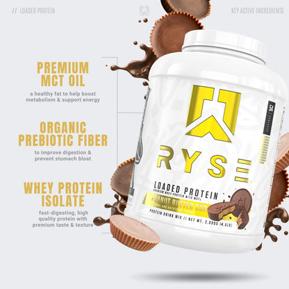 RYSE Loaded Protein Powder - Jet-Puffed Marshmallow - 25g Whey Protein Isolate & Concentrate with Prebiotic Fiber & MCTs - Low Carb, Low Sugar, Digestive-Friendly - 27 Servings / 2 lb Tub