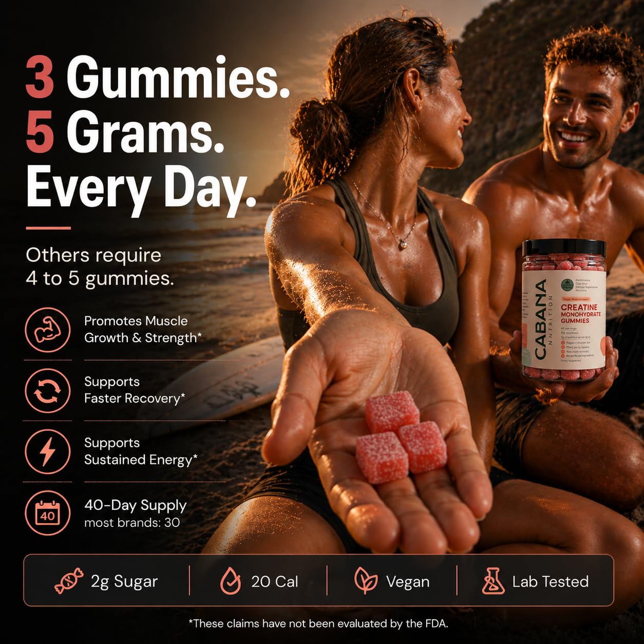 Creatine Monohydrate Gummies 5g - Only 2g Sugar, Made in USA - Sour Watermelon Flavor - Vegan & 3rd Party Tested - Pre & Post Workout Supplement for Women and Men (120 Count, 40 Servings) Cabana Nutrition buy australia supplements