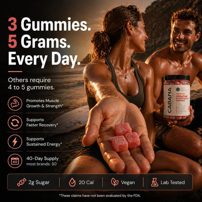 Creatine Monohydrate Gummies 5g - Only 2g Sugar, Made in USA - Sour Watermelon Flavor - Vegan & 3rd Party Tested - Pre & Post Workout Supplement for Women and Men (120 Count, 40 Servings) Cabana Nutrition