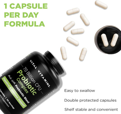 Vital Vitamins Probiotic Complex, 70 Billion CFU for Men & Women | 10-Probiotic Strain Blend with Prebiotic FOS, Supports Digestion & Immunity, Shelf-Stable, 30 Capsules Gsupps Australia