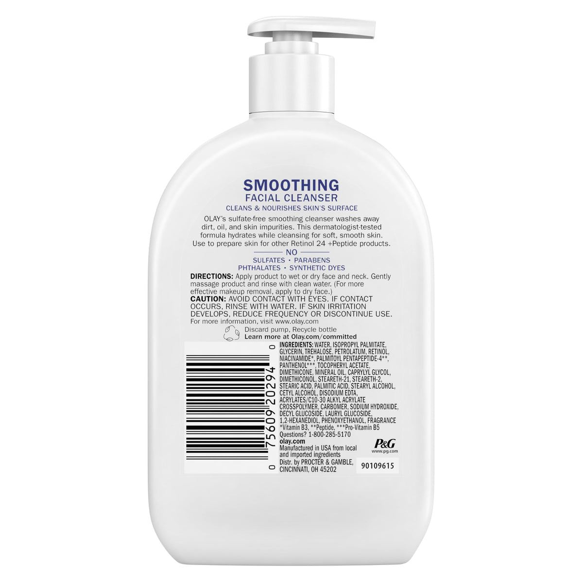 Olay Face Wash Daily Facial Cleanser with Retinol, Peptides and Glycerin, Smoothing and Hydrating Anti Aging Face Wash, Sulfate Free Cream Cleanser for Mature Skin, Daily Use, 16 Oz Olay
