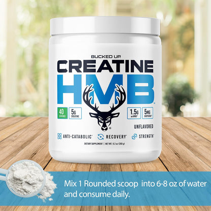 Bucked Up Creatine HMB 40 Servings Unflavored | 5g Creatine Monohydrate with 1.5g myHMB and 5mg BioPerine | Dietary Supplement Powder for Men and Women