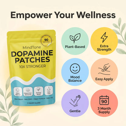 MindTone Dopamine Patches Extra Strength – 90 Count Plant-Based Non-GMO Mood Support & Energy Patch – Dopamine & Serotonin Balance – Mood Balance Patch for Women & Men – 3 Month Supply MindTone