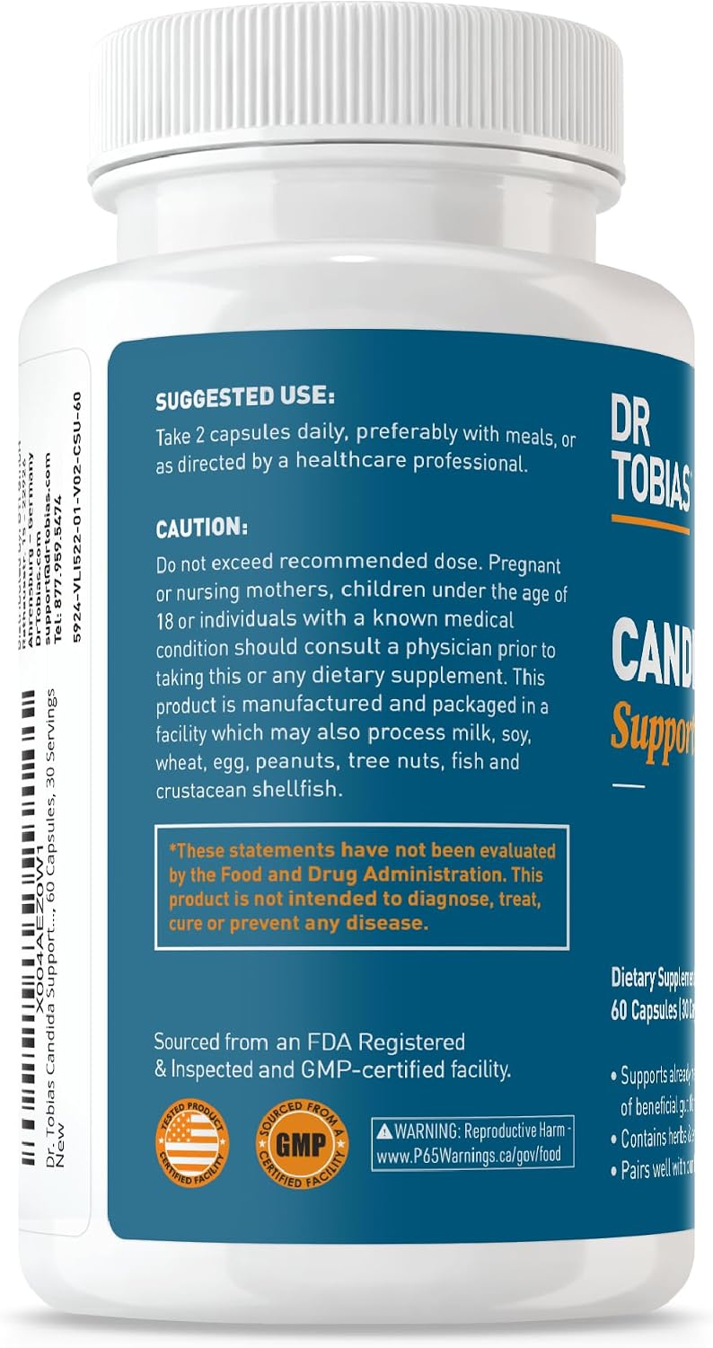 Dr. Tobias Candida Support, Gut Flora Balance Complex with Oregano, Caprylic Acid, Enzymes & Probiotics, Support Intestinal Detox Cleanse & Gut Health for Women & Men, 60 Capsules, 30 Servings