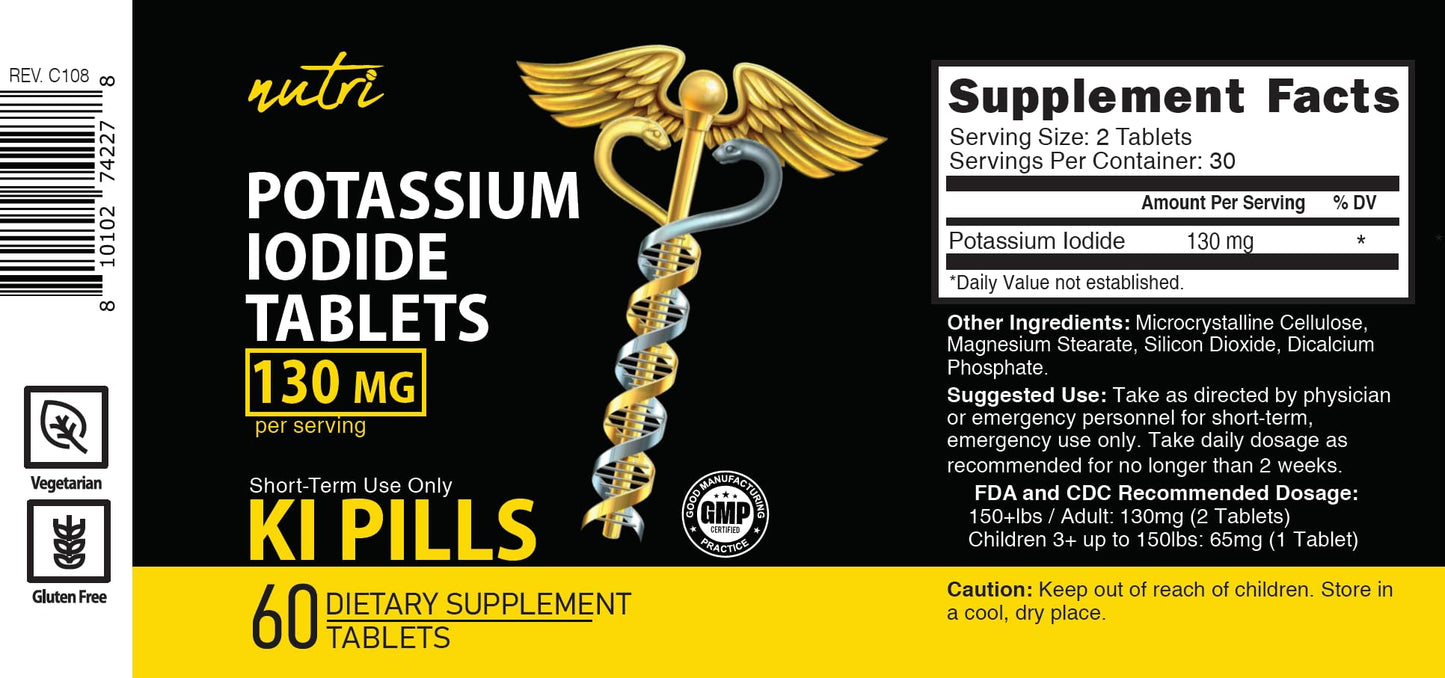 Potassium Iodide Tablets 130 mg - (60 Tablets) 10 Year Shelf-Life EXP 2034 to 2035 - Ki Pills - Yoduro de potasio - Nutri Supplements - 3rd Party Tested Nature's Fusions
